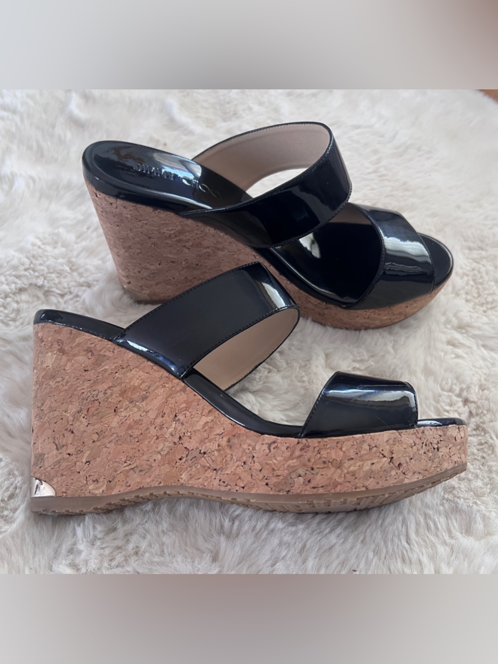 Jimmy Choo Black Patent Cork Wedge Sandals